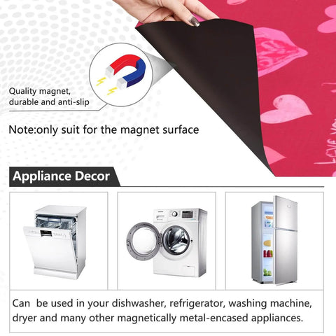 Valentine's Love Heart Magnetic Dishwasher Cover For Front Refrigerator Door showing PVC-coated magnet and compatible appliances