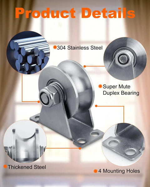 Pulley Wheel 304 Stainless Steel Block With Wall Mount U Groove Set Of 4 Quiet Double Bearing Cable Pulleys Built To Last For Gym Home Garage DIY Rigging And Tension Systems, wall-mounted single pulley with 4 holes