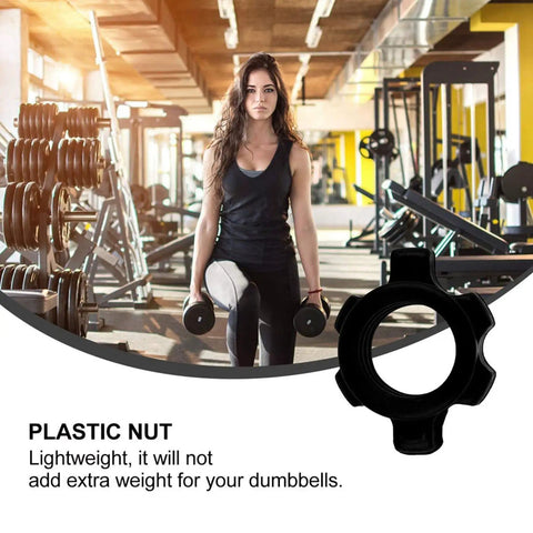 Woman in gym with plastic nut from 12 Piece Dumbbell Bar Nut Clamp Set For Barbell And Dumbbell Fixings Heavy Duty Fitness Accessories
