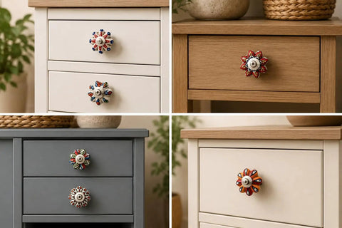 Set Of Ten Totally Rad Vintage Ceramic Drawer Pulls And Cupboard Cabinet Door Knobs Featuring Super Sleek Multicolor Designs Plus Rock Solid Chrome Hardware on various dressers.