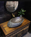 USZWBY Bathroom Vessel Sink, Undermount Sink Countertop Sink Ceramic Vessel Sink Stone Texture Bathroom Sink with wooden vanity.