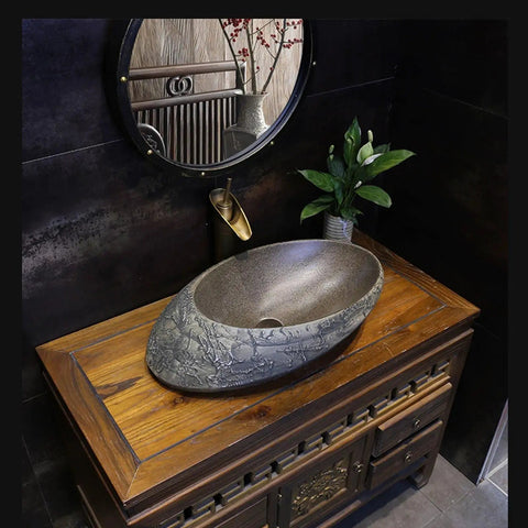USZWBY Bathroom Vessel Sink, Undermount Sink Countertop Sink Ceramic Vessel Sink Stone Texture Bathroom Sink with wooden vanity.