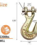 Dimensions of Ten Pack 1/4 Inch Clevis Grab Hook For 6mm Chain, G70 Forged Steel Safety Hook, shown with measurements and load capacity.