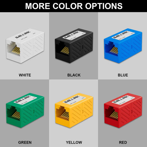 Various colored Female to Female RJ45 Ethernet Coupler Extenders for Cat7 Cat6 Cat5e Cat5 Cables, including black option, 10 pack