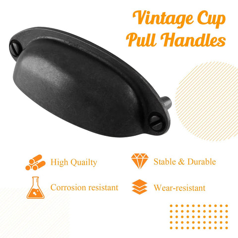 Antique Black Cabinet Cup Pull Handles 3.5 Inch Hole Centers, Vintage Shell Pulls For Kitchen Cabinets, zinc alloy, 6 pack