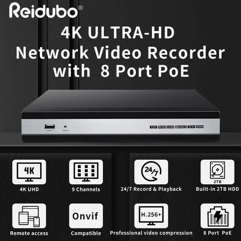 4K 8CH PoE NVR System With Preinstalled 2TB HDD, Supports Up To 8MP Cameras At 25FPS, front view on black background
