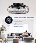 15.7" Flush Mount Caged Ceiling Fan with Light, Industrial Reversible 6-Speed DC Fan with Remote, Black Wire Cage Ceiling Fan, E12 Light Sockets (Bulbs Excluded) for Indoor Bedroom Kitchen featuring a stylish wire cage design.