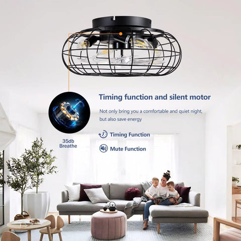 15.7" Flush Mount Caged Ceiling Fan with Light, Industrial Reversible 6-Speed DC Fan with Remote, Black Wire Cage Ceiling Fan, E12 Light Sockets (Bulbs Excluded) for Indoor Bedroom Kitchen featuring a stylish wire cage design.