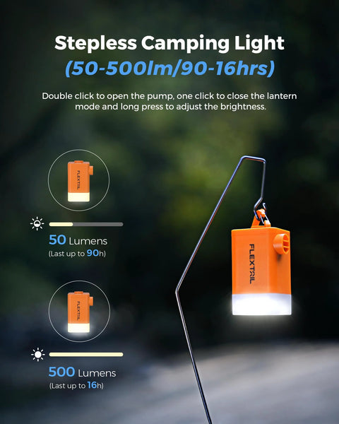 Side view of orange FLEXTAILGEAR portable air pump with LED light for inflatables