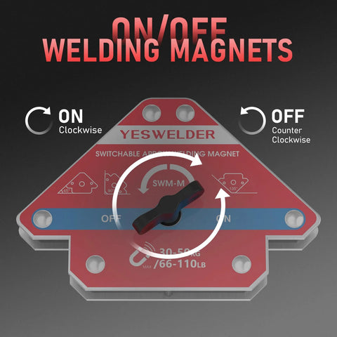 Two YESWELDER switchable arrow welding magnets, 66–110 lb, red base with blue ON strip and black control knob