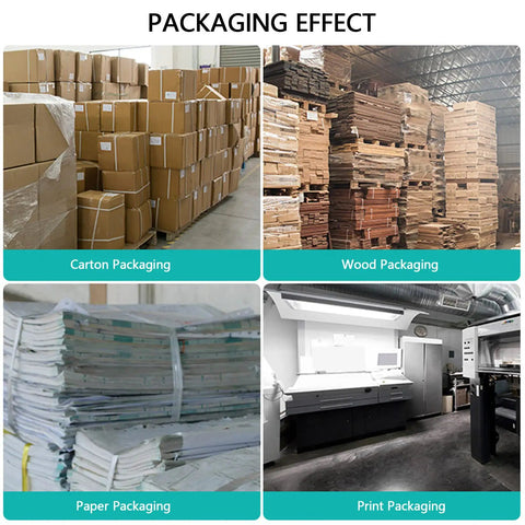 Packaging effect showing carton, wood, paper, and print packaging with boxes and stacked material.