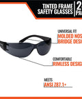 Tinted Safety Glasses 24 Pack with molded nose bridge, rimless design, ANSI Z87.1+ compliance for construction, outdoor, and industrial use.