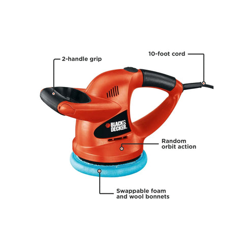 Six Inch Orbital Car Buffer Polisher With Wool And Foam Bonnets, Random Orbit Action, Dual Handle Design, Ten Foot Cord