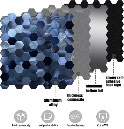 Metal Peel And Stick Backsplash Tiles 10 Sheets Aluminum Hexagon Mosaic Sticker For Kitchen Walls Frosted 3D Texture Dark Blue layers