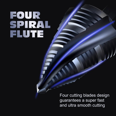 Close-up of Cobalt Step Drill Set M35 Four Groove Spiral Flute 19 Step Size From One Quarter To One And Three Eighths Inch