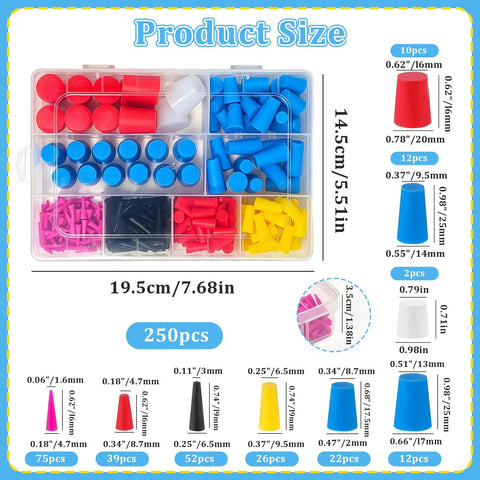 250 Piece Silicone Tapered Plug Kit With 9 Sizes For Heat Resistant Masking Up To 600 Degrees F Perfect For Powder Coating Painting Electroplating And Anodizing Jobs Without Leaking Or Failure On A Dime, assorted plugs in storage case