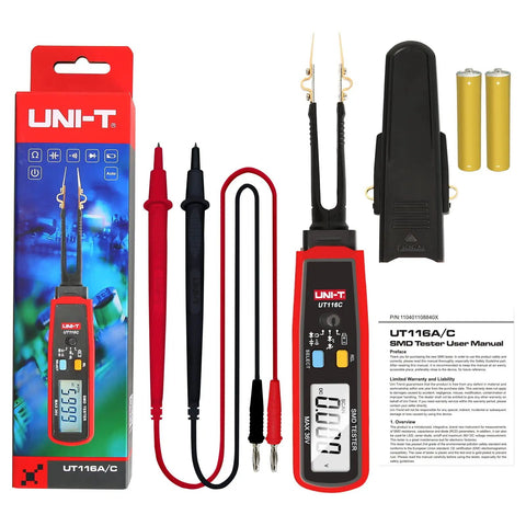 UT116C Pro Smart SMD Tester With Rotating LCD And Tweezers, 6000 Counts Auto Ranging, with accessories and packaging