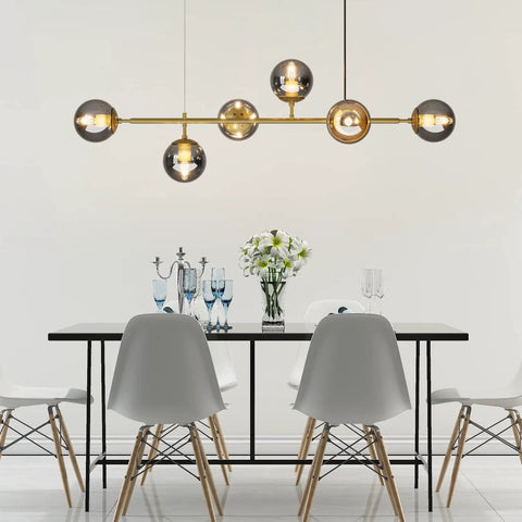 Modern Gold Pendant Lighting With Smoke Gray Glass Globes Adjustable 6-Light Hanging Ceiling Fixture in dining room