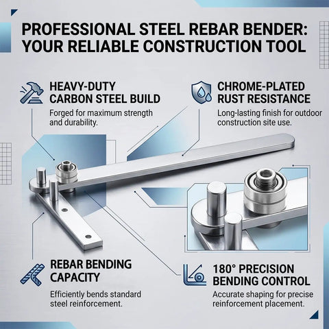 Professional Steel Rebar Bender featuring carbon steel build and chrome-plated finish for job sites. 180° bending control.
