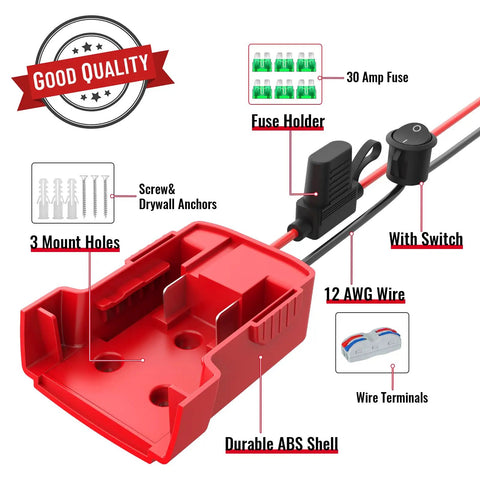 Two Pack Power Wheel Adapter For Milwaukee 18V Battery, Wheel Battery Converter Kit With Fuse, Switch, Wire Terminals, and 12 AWG Wire