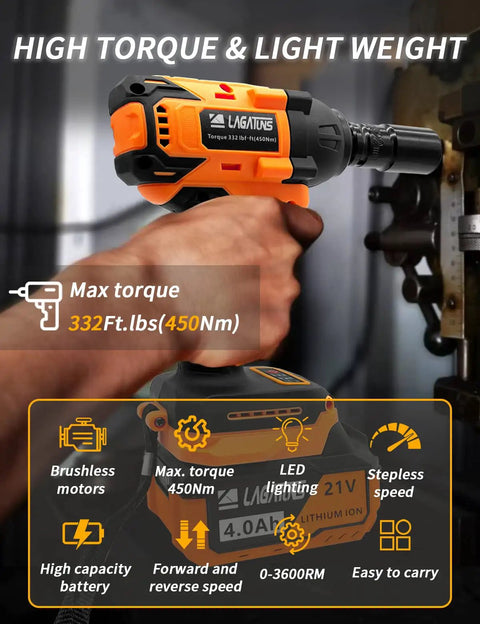 Beast Of A Cordless Impact Wrench With 450NM Torque And Brushless Motor One Half Inch Drive, ergonomic grip, turned on