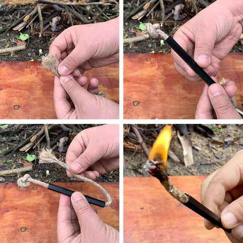 Demonstration of Rugged Fire Starter Survival Kit With Large Ferro Rod And Striker, 3 Inch Long Ferro Rod, 13.8 Inch Hemp Wick Cord