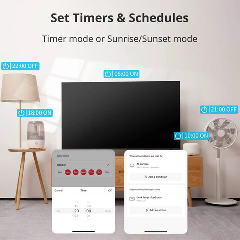 Smart Plug Mini 15A With Energy Monitor showcasing timer settings on home devices via WiFi and Bluetooth remote app control