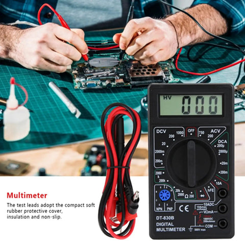 Technician using DT-830B Digital Multimeter With Large LCD Display for circuit testing on workbench, shows amp and volt readings