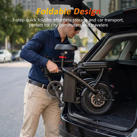 Person loading Powerful 1200W Peak Motor Foldable Ebike For Adults With 25 MPH Top Speed 45 Mile PAS Range into car trunk