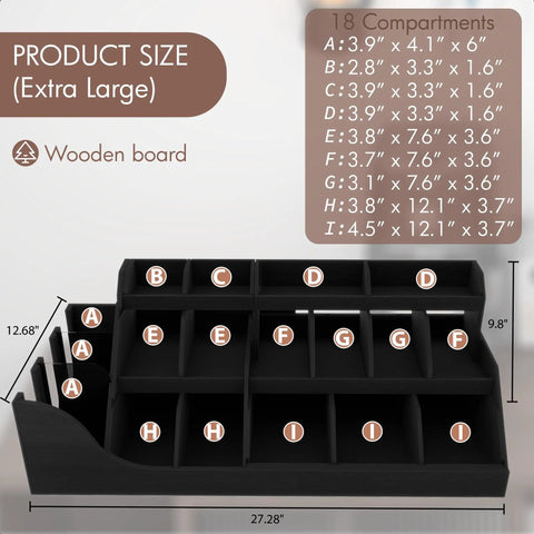 Large 3 Tier Coffee Station Organizer With Drawer, Wooden Countertop Pods Holder, 18 Compartments, dimenstions labeled image