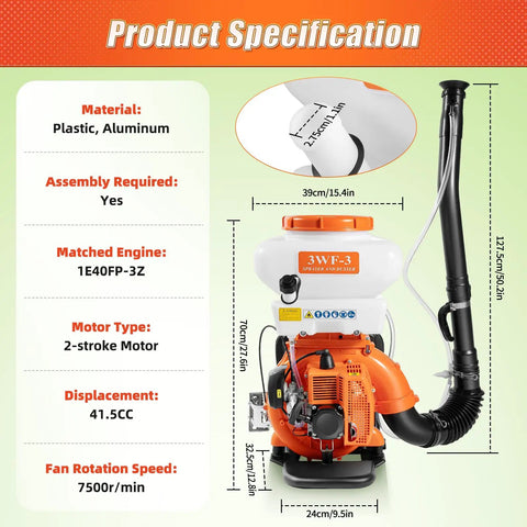 Product specification for Heavy-Duty Gas Backpack Sprayer with 3.7 Gallon Tank, 2.13kW 41.5cc Engine, showing material and dimensions.