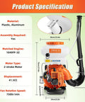 Gas Powered Backpack Sprayer With 41.5cc 2 Stroke Engine, 7500 RPM Fogger Mister Duster, product specifications sheet.
