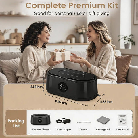 Blast Daily Grime With This Legit Ultrasonic Jewelry Cleaner Using Fifty KHz Waves For Nitty Gritty Cleaning On Rings Eyewear Retainers And Straps Alongside A 420 Ml Tank And Sleek Black Design, showcasing an ultrasonic cleaner with dimensions.