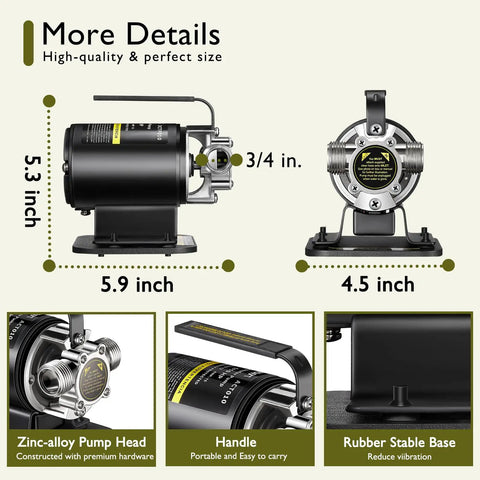 Size details of 115V Water Transfer Pump For Home Use, Portable Electric Utility Moves Water Up To 264 Gallons Per Hour with zinc-alloy head and rubber base