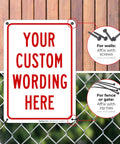 Personalized Metal Sign With Red Border For Office Home Business And Airbnb 10 By 7 Inches Rust Free Aluminum Weather Resistant Made In USA Built To Last For Delivery And Workplace Decor Solutions shown against a wood and chain link background, displaying mounting options with screws or zip ties.