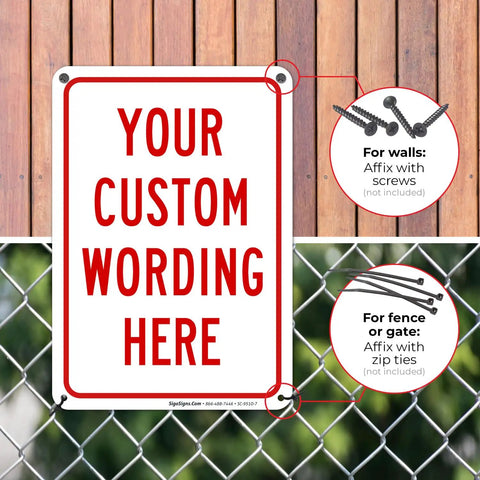Personalized Metal Sign With Red Border For Office Home Business And Airbnb 10 By 7 Inches Rust Free Aluminum Weather Resistant Made In USA Built To Last For Delivery And Workplace Decor Solutions shown against a wood and chain link background, displaying mounting options with screws or zip ties.