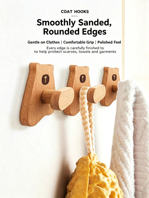 4 Pack Nordic Beech Wood Animal Wall Hooks Totally Fresh Squad Bear Cow Cat Chick Designs Solid Wood Coat Hangers with Smooth Rounded Edges for nursery and home organizing needs
