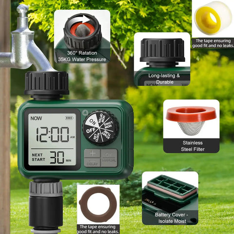 Water Timer For Outdoor Garden Hose With Auto, Manual And Rain Delay Modes, No Brainer Easy To Program Sprinkler Controller For Yard And Lawn, 1 Zone Plastic Inlet, 2024 Upgrade For Precise Auto Irrigation attached to faucet