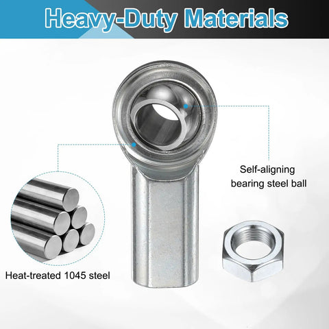 CF10 Rod End Bearing Five Eighths Inch Bore Right Hand 5/8-18 UNF Female Thread Jam Nut Built Tough Durable 1045 Steel Housing With Hardened Bearing Steel Ball Joint For Smooth, Flexible Motion In Mechanical Assemblies. 1045 steel rod end bearing with jam nut and self-aligning ball