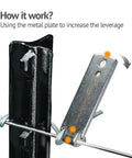 Fence Wire Twister For T Post Clips And Barbed Wire Stainless Steel Twisting Tool demonstrating leverage on post.