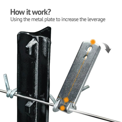 Fence Wire Twister For T Post Clips And Barbed Wire Stainless Steel Twisting Tool demonstrating leverage on post.