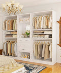 Hella Spacious Wood Closet System With Integrated Mirror Cabinet And Four Deep Storage Drawers Paired With Four Top Shelf Hanging Rods Plus Effortlessly Adjustable Shelves For Real Life Needs in white wood featuring organized clothing and accessories.