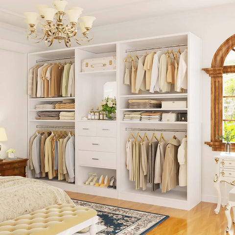 Hella Spacious Wood Closet System With Integrated Mirror Cabinet And Four Deep Storage Drawers Paired With Four Top Shelf Hanging Rods Plus Effortlessly Adjustable Shelves For Real Life Needs in white wood featuring organized clothing and accessories.