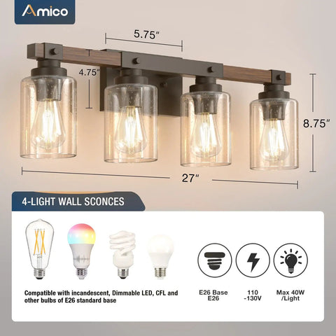 Farmhouse Vanity Lights For Bathroom, Rustic 4 Light Industrial Painted Wood Fixtures, Vintage Black Wall Sconces With Bubble Glass Shades, Cool Retro Vibe Bathroom Lighting With Warm Ambience