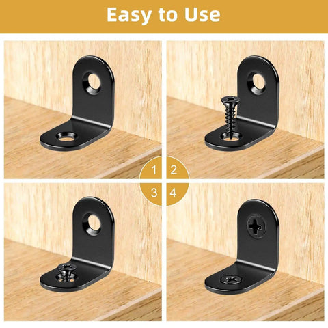 Installation steps for Twenty Piece Heavy Duty Black L Brackets For Wood And Metal Shop Projects Featuring Corrosion Resistant Stainless Steel Build.