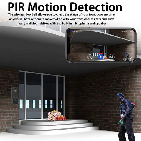 Wireless WiFi Video Doorbell Camera With Chime And 2 Way Audio PIR Human Detection Infrared Night Vision shown on smartphone app