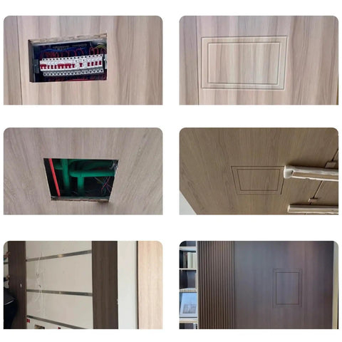 No Sweat Flush Drywall Access Panel With Magnetic Press Latch Attic Inspection Hatch clean hidden door in wooden ceiling.