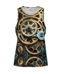 Street Style Dope Steampunk Mechanical Gears Print Mens Tank Top Hella Breathable Ultra Lightweight Quick Dry Sleeveless Gym Shirt For Casual Workouts Black with detailed gear design.