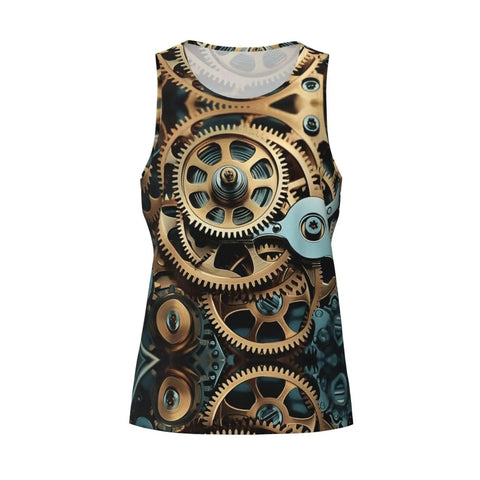 Street Style Dope Steampunk Mechanical Gears Print Mens Tank Top Hella Breathable Ultra Lightweight Quick Dry Sleeveless Gym Shirt For Casual Workouts Black with detailed gear design.