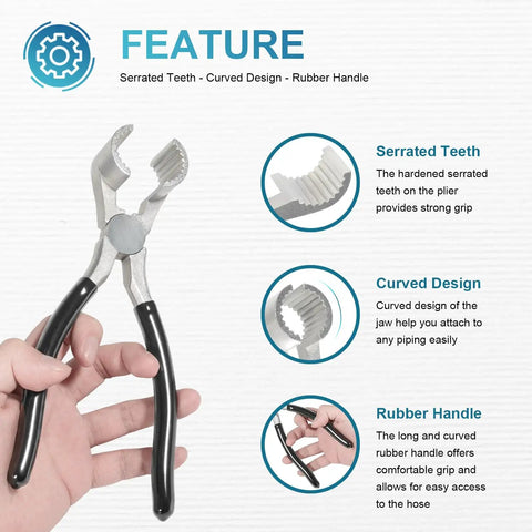 Washer Hose Plier For No Sweat Grip And Tight Seal On Washing Machine Inlet Hoses Universal Fit For Front Load And Top Load Washers With Indented Water Valves And Hard To Reach Hose Connections. Close-up of serrated jaws and rubber handle